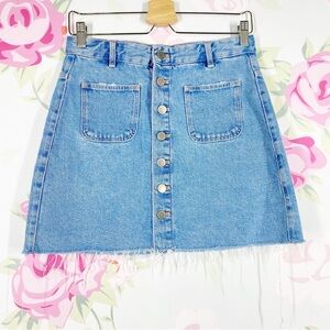 ZARA Trafaluc Medium Wash Button Down Distressed Denim Mini Skirt M